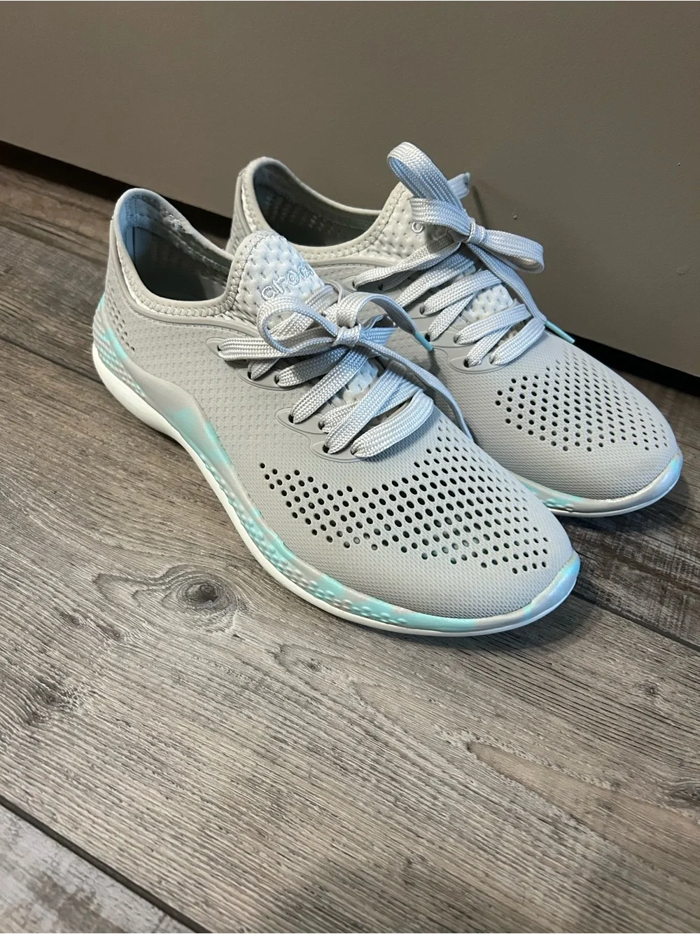 grey and marbled aqua Crocs LiteRide 360 Pacer sneakers